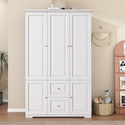 Armoire Wardrobe Closet with Drawers: 74" White Wardrobe with 2 Drawers, 3 Doors Bedroom Armoires with Hanging Rod, Tall Closet Cabinet for Hanging Clothes (47")