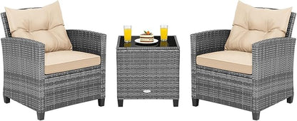 COSTWAY 3PCS Patio Furniture Set, PE Rattan Wicker Sofa w/Washable Cushion and Coffee Table, Tempered Glass Tabletop, Outdoor Conversation Set for Balcony, Porch, Yard, Backyard, Lawn (Beige)