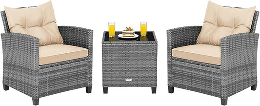 COSTWAY 3PCS Patio Furniture Set, PE Rattan Wicker Sofa w/Washable Cushion and Coffee Table, Tempered Glass Tabletop, Outdoor Conversation Set for Balcony, Porch, Yard, Backyard, Lawn (Beige)