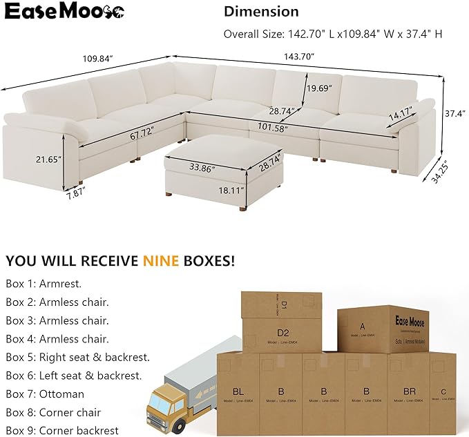 EASE MOOSE Sectional Modular Sofa,Luxury Comfty Sectional Deep Seat Couch for Living Room,Solid Wood Frame Sofa,Removable and Washable,White