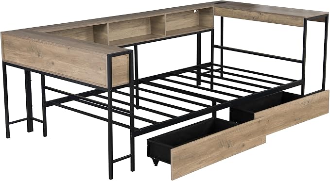Bellemave Full Size Corner Bed Frame with Storage Drawers, Bookcase and Side Desk, Full Corner Bed with Light and Charging Station, Daybed for Bedroom, Living Room, Guest Room Gray