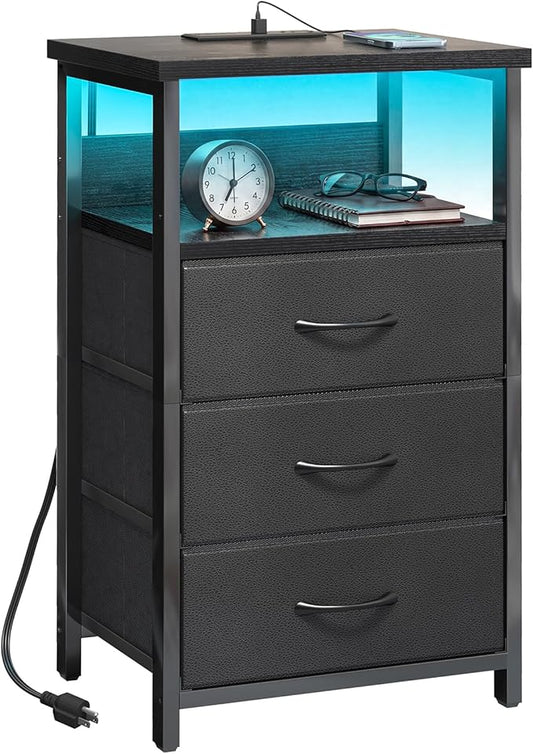 Fixwal Night Stand with 3 Fabric Storage Drawers, LED Nightstand with Charging Station, Bedside Table, Black