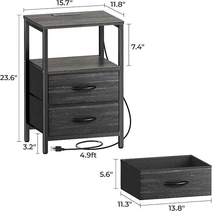 Huuger Nightstand with Charging Station, Fabric Drawers, End Table with Open Shelf, Bedside Table with USB Ports and Outlets, Night Stand for Bedroom, Charcoal Black Wood Grain Print