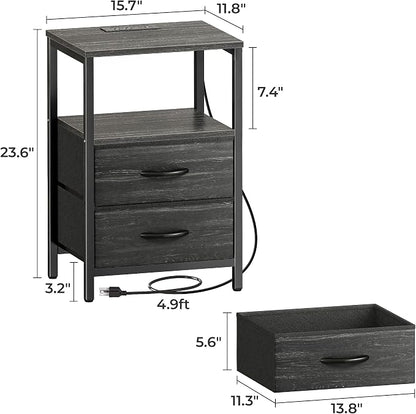 Huuger Nightstand with Charging Station, Fabric Drawers, End Table with Open Shelf, Bedside Table with USB Ports and Outlets, Night Stand for Bedroom, Charcoal Black Wood Grain Print