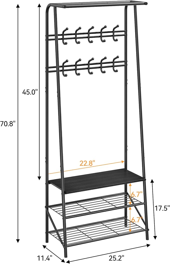 MDF Hall Tree with Bench, 4-in-1 Entryway Coat Rack with Storage Shelf & Shoe Organizer, Sturdy Freestanding Furniture for Living Room, Bedroom, Mudroom