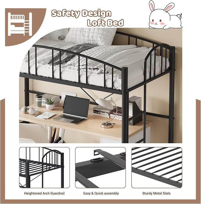 GarveeHome Loft Bed Twin Size, Heavy Duty Metal Loft Bed Frame with Arched Guardrail and Safety Ladder, Space-Saving, No Box Spring Needed, Modern Black