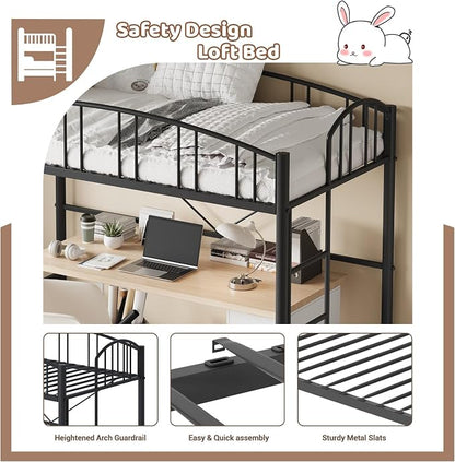 GarveeHome Loft Bed Twin Size, Heavy Duty Metal Loft Bed Frame with Arched Guardrail and Safety Ladder, Space-Saving, No Box Spring Needed, Modern Black