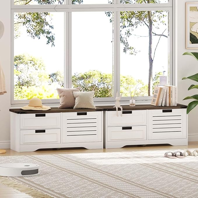 FATORRI Shoe Storage Bench with Flip Drawer, Wooden Entryway Bench, Modern Shoe Cabinet with Removable Drawers for Hallway, Living Room (Walnut Brown & White Oak)