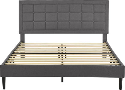Decoro Mornington Upholstered 2.0 Platform Bed, Button-Tufted Fabric Headboard and Metal Frame with Wood Slat Support, Light Grey, Full