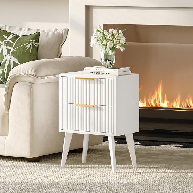 YAUKOMEL Fluted Nightstand with 2 Drawers,Modern Bedside Table with Metal Handles,Side Table with Solid Wood Legs,End Table for Living Room,Bedroom,Small Spcae 11.8" D x 15.7" W x 22.8" H White CTG55W