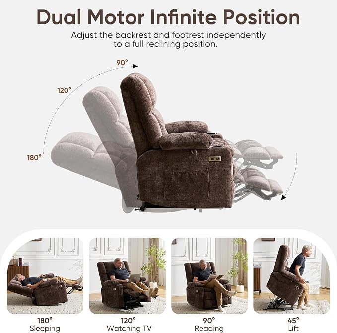 Oversized Power Recliner Chair for Elderly with Massage and Heat, Dual Motor Lay Flat Recliner with Arm Storage，Lift Chair for Big Tall, Infinite Position,Extended Footrest, Lving Room, Coffee