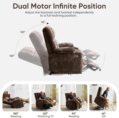 Oversized Power Recliner Chair for Elderly with Massage and Heat, Dual Motor Lay Flat Recliner with Arm Storage，Lift Chair for Big Tall, Infinite Position,Extended Footrest, Lving Room, Coffee