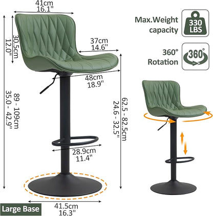 Finnhomy Bar Stools Set of 2, Modern 360° Swivel Faux Leather Bar Stools, 24"-32.5" Seat Height with Back, 330 lbs Capacity, SGS Gas Lift, Upholstered Kitchen Chairs for Kitchen Island, Green
