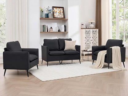 TYBOATLE Faux Leather Loveseat Sofa and Accent Chair Set of 2, Comfy Love Seat Couch and Chair Set, Mid-Century Modern 2 Seat Couches for Small Spaces, 3 Pieces Living Room Furniture Sets (Black, 3)
