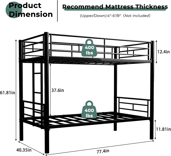 Bunk Bed Twin Over Twin, Metal Bunk Bed with Side Ladder and Safety Guardrail, Space-Saving Twin Bunk Beds for Kids, Teens & Adults, No Box Spring (Side Laddder, Black)