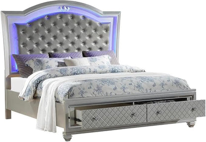 First of a Kind Shiney Contemporary 4 Piece King Bedroom Set High Gloss Silver Finish with Upholstered Headboard, Sleek Modern Bedroom Furniture Set for Coordinated Interiors