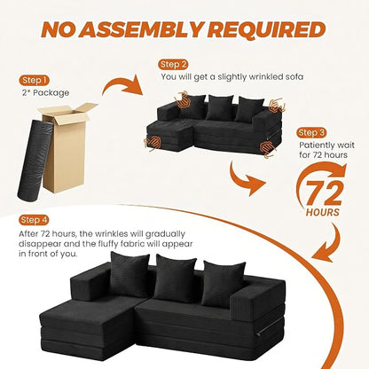 6-in-1 Boneless Couches Modular Sectional Sofa | Cloud Couch Sectional & Tri-Folding Mattress | Corduroy Pet-Friendly Convertible Sofa Bed with 800LB Capacity Living Room, Apartment, Guest Room