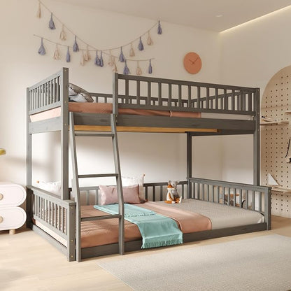 Full XL Over Queen Bunk Bed with Safety Guardrails, Solid Wood Floor Bunk Bed Frame with Sturdy Slat Support for Kids Teens Adults, Detachable Design (Grey-tra)