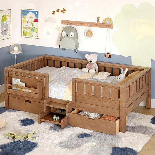 Bellemave Twin Bed with Storage Drawers & Bookshelf, Low Profile Kids Bed Frame with Staircase & Full Length Guardrails, Wood Twin Bed for Kids with Slats Load 300LBS, Easy Assembly, Oak Brown