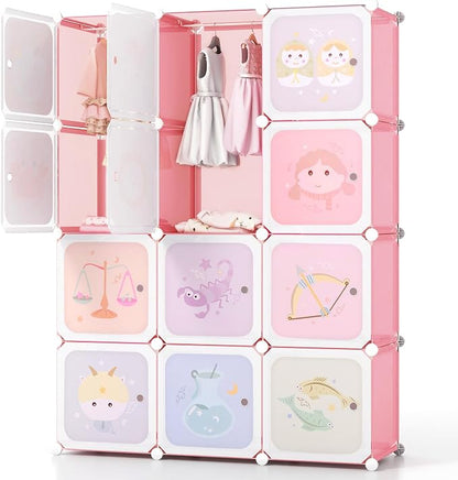 HONEY JOY Kids Wardrobe Closet, Baby Cartoon Clothes Storage Organizer, 12 Cubes & 2 Hanging Sections, Portable Children DIY Modular Bedroom Armoire Dresser Cabinet for Boys Girls (Light Pink)