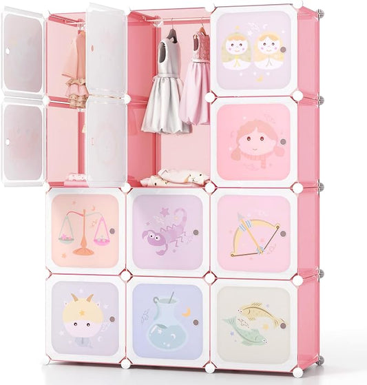 HONEY JOY Kids Wardrobe Closet, Baby Cartoon Clothes Storage Organizer, 12 Cubes & 2 Hanging Sections, Portable Children DIY Modular Bedroom Armoire Dresser Cabinet for Boys Girls (Light Pink)