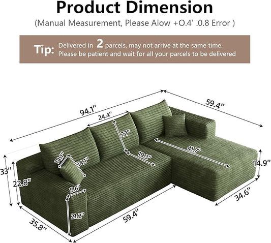 95" Cloud Sectional Couch with L-Shape Chaise, Modular Comfy Sofa Chaise Longue, Upholstered Corduroy Couches Sleeper with Deep Seat for Living Room Bedroom, No Assembly Required(Green, Right Facing)