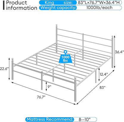 King Size Bed Frame with Headboard - Metal Platform Bed with LED Lights, Charging Station, Under Bed Storage and Heavy Duty Steel Slats Support - No Box Spring Needed, Easy Assembly, White
