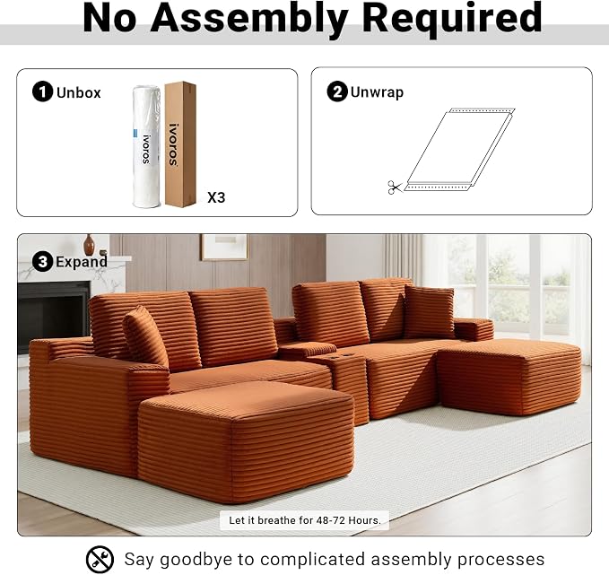 ivoros 150 Inch Modular Sectional Sofa Couch, Oversized Modern Cloud Couch for Living Room, U Shape Couches with 2 Ottomans, USB Ports and Cup Holders, Orange Corduroy Boneless Sofas, Sofa in a Box
