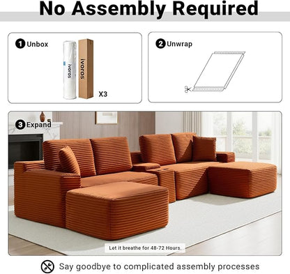 ivoros 150 Inch Modular Sectional Sofa Couch, Oversized Modern Cloud Couch for Living Room, U Shape Couches with 2 Ottomans, USB Ports and Cup Holders, Orange Corduroy Boneless Sofas, Sofa in a Box
