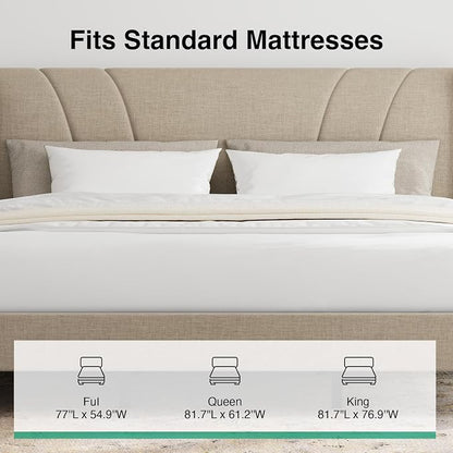 Novilla King Bed Frame, King Bed Frame with Headboard, Linen Upholstered Wing Side Headboard, No Box Spring Needed, Heavy Duty Feet, Easy Assembly, Beige
