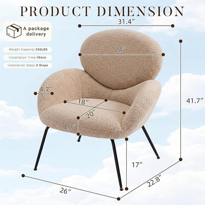 Accent Chair, Cloud Accent Chair for Bedroom, Boucle Fabric (Camel) | Comfy Bedroom Chair with Love Back and Sturdy And Durable Solid-Wood Frame/ Study Room / Bedroom / Living Room /(Cream Style)