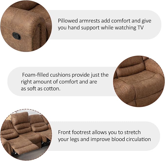CANMOV Faux Leather Manual Recliner Sofa Set, 2 Recliner Chair and a Loveseat Sofa for Living Room,Bedroom Furniture, Office, Nut Brown