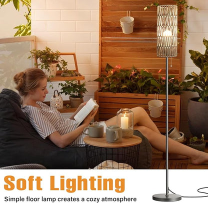 Ambimall 64'' Floor Lamp for Living Room with 3 Color Temperatures Bulb, Boho Grey Standing Lamp with Grey Rattan Shade