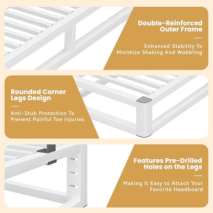 14 Inch King Size Bed Frame with Rounded Corner and Headboard Hole, Metal Platform Bed Frames 6 Non-Slip Guards, 3500lbs Heavy Duty Steel Slat Support, Squeak Free, No Box Spring Needed, White