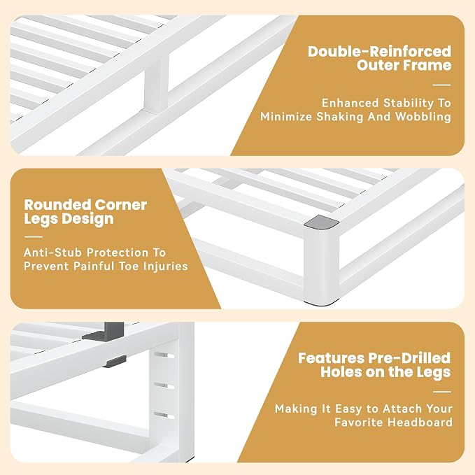 14 Inch Queen Bed Frame with Rounded Corner and Headboard Hole, Metal Platform Bed Frames 6 Non-Slip Guards, 3500lbs Heavy Duty Steel Slat Support, Squeak Free, No Box Spring Needed, White