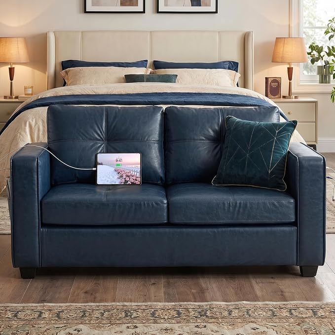 TYBOATLE 65" Faux Leather Loveseat for Bedroom, Mid-Century Modern Tufted Comfy Loveseat w/USB Charging Ports and Wide Arms, 2 Seat Office Small Couch, Blue