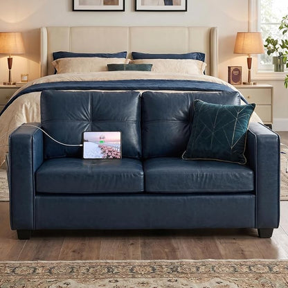 TYBOATLE 65" Faux Leather Loveseat for Bedroom, Mid-Century Modern Tufted Comfy Loveseat w/USB Charging Ports and Wide Arms, 2 Seat Office Small Couch, Blue
