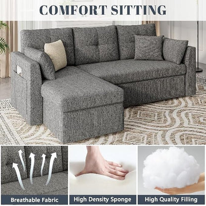 Huatean Home Sleeper Sofa Couch, 2 in 1 Sectional Sleeper Couch Bed with Side Pocket, Pullout Sofa Bed with Storage Chaise for Living Room, Dark Grey