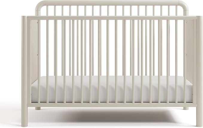 Storkcraft Porto 5-in-1 Convertible Crib with Toddler Guardrail – GREENGUARD Gold Certified, Toddler Bed Conversion Kit Included, 100% Solid Wood, Fits Standard Baby Crib Mattress (Frosted Oat)