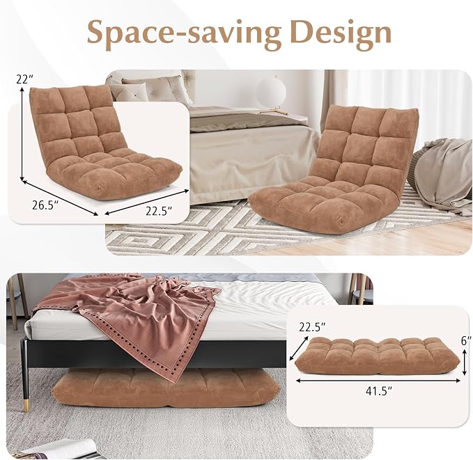 14-Position Floor Sofa, Folding Gaming Sofa Chair, Comfy Cushions & Study Steel Frame, Angle Adjustable Sleeper Bed, Couch Recliner (Tan)
