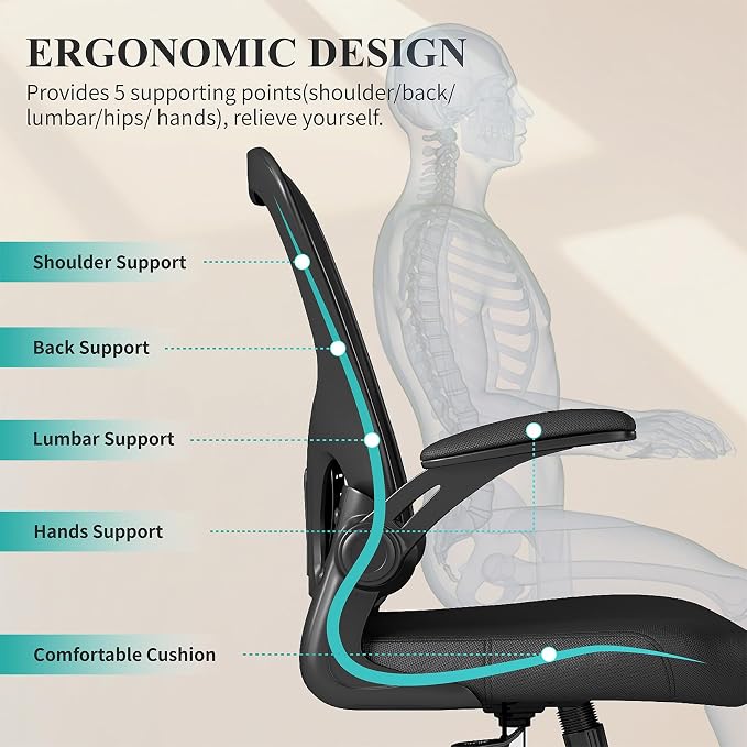Flysky Mesh Office Chair, Ergonomic Computer Desk Chairs for Home Office - with Comfy/Comfortable Flip-up Arm Rests, Lumbar Support, Height Adjustable, 360 Degree Rolling Swivel (Black, 6 Pack)