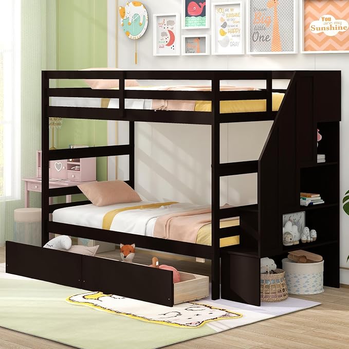 Giantex Bunk Bed Twin Over Twin with Storage Stairs & Drawers, Solid Wood Bunk Bed with Full-Length Guardrails, Convertible to 2 Beds, Versatile Bunk Beds for Kids Teens Adults, Espresso