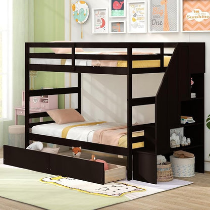 Giantex Bunk Bed Twin Over Twin with Storage Stairs & Drawers, Solid Wood Bunk Bed with Full-Length Guardrails, Convertible to 2 Beds, Versatile Bunk Beds for Kids Teens Adults, Espresso