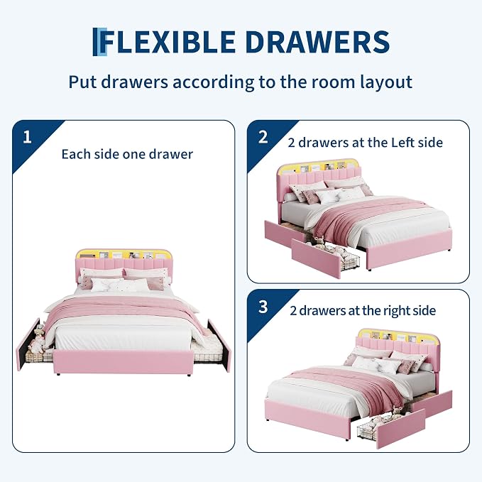 GarveeHome Full Bed Frame with Storage Headboard, Kids Bed Frame with 2 Drawers, Velvet Upholstered Platform Bed Frame with Lights, No Box Spring Needed, Easy Assembly, Velvet Pink