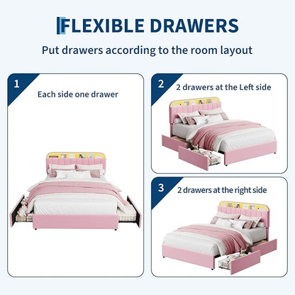 Garvee Queen Size Bed Frame with 2 Flexible Drawers, Velvet Upholstered Platform Bed Frame with Bookcase Headboard and LED Lights, Kids Bed for Girls, Easy Assembly, Noise Free, Pink