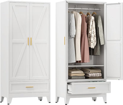 YAUWOH Farmhouse Wardrobe Cabinet with One Drawers,Metal Wardrobe Closet with Hanging Rod,Metal Armoire with Adjustable Shelves for Bedroom,Cloak Room,Office (White)
