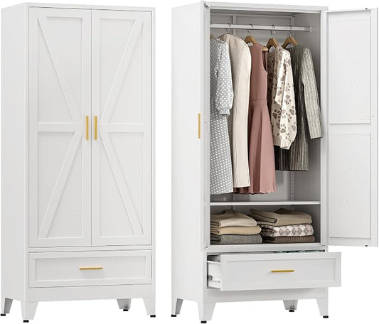 YAUWOH Farmhouse Wardrobe Cabinet with One Drawers,Metal Wardrobe Closet with Hanging Rod,Metal Armoire with Adjustable Shelves for Bedroom,Cloak Room,Office (White)