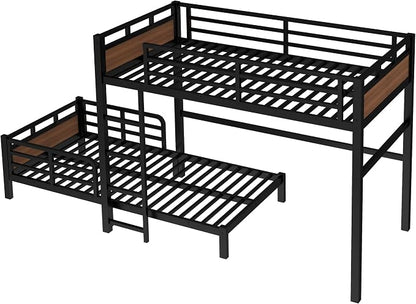 Twin XL Over Twin XL Metal Bunk Bed, Heavy Duty Convertible Bunk Bed Frame with Headboard & Full Guardrails, Can Be Split into Two Platform Beds or Loft Bed,Walnut