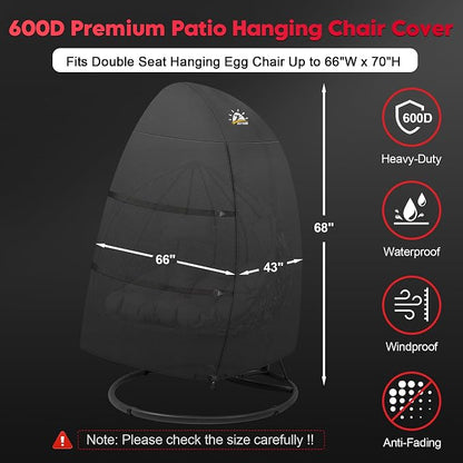 Zettum Egg Chair Cover - Double Seat Hanging Egg Chair Cover, Waterproof Outdoor Hanging Chair Covers, 600D Heavy Duty Covers for Patio Wicker Swing Chairs, 66 x 43 x 68 Inch