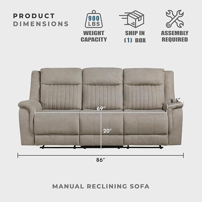 Lexicon Manual Double Reclining Sofa, Polished Microfiber Upholstered 3 Seater Manual Sofa Recliner for Living Room, Wall Hugger, Easy Assembly, Dove